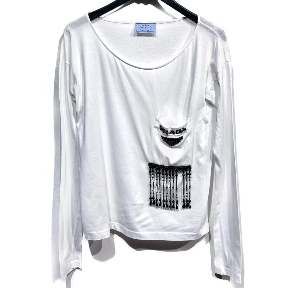 Prada White Long Sleeves Beaded Tee